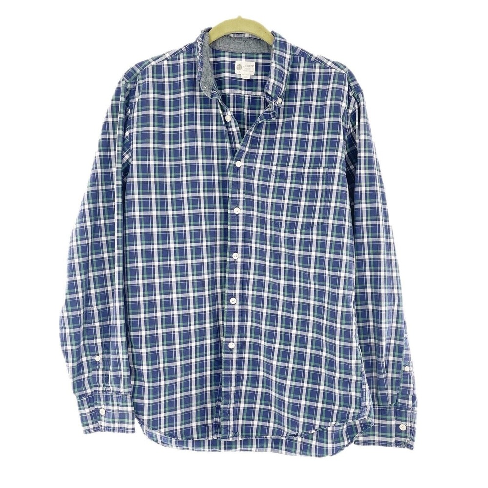 J.Crew Mens Washed Tartan Button-Down Shirt L Cotton Green & Blue Plaid Western
